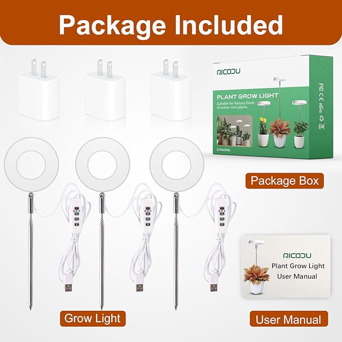 Grow Lights for Indoor Plants Small Potted - Full Spectrum, Auto 3/9/12H Timer, 10-Level Dimming & Adjustable Height - Compact Grow Light for Succulents, Herbs, Foliage in Home/Office (White,3PACKS)