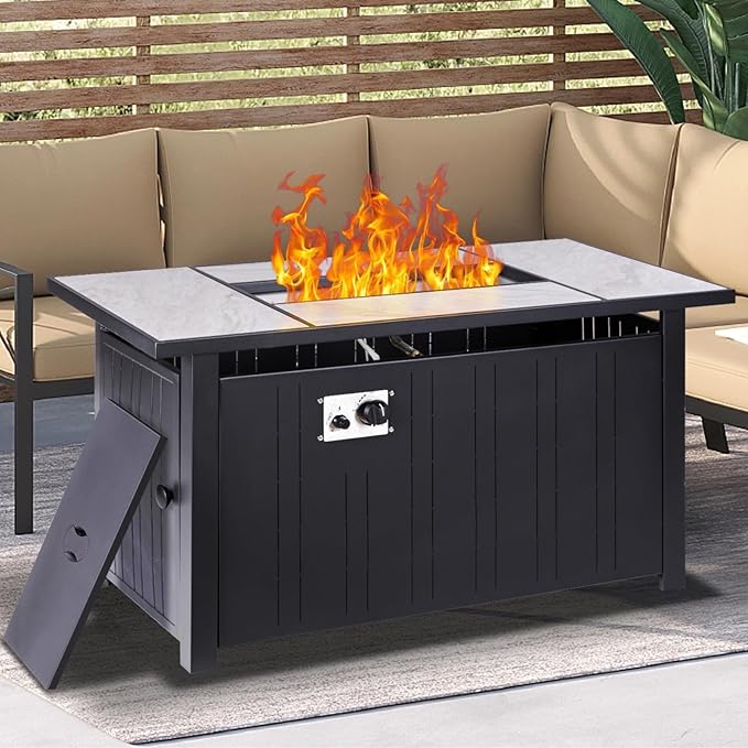 47" Propane Fire Pit Table with Real Ceramic Tabletop, 50000 BTU Gas Firepit Table with Lid & Glass Rock, Outdoor Fire Pit for Dining or Party, Firepit for Outside, Patio