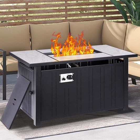 47" Propane Fire Pit Table with Real Ceramic Tabletop, 50000 BTU Gas Firepit Table with Lid & Glass Rock, Outdoor Fire Pit for Dining or Party, Firepit for Outside, Patio