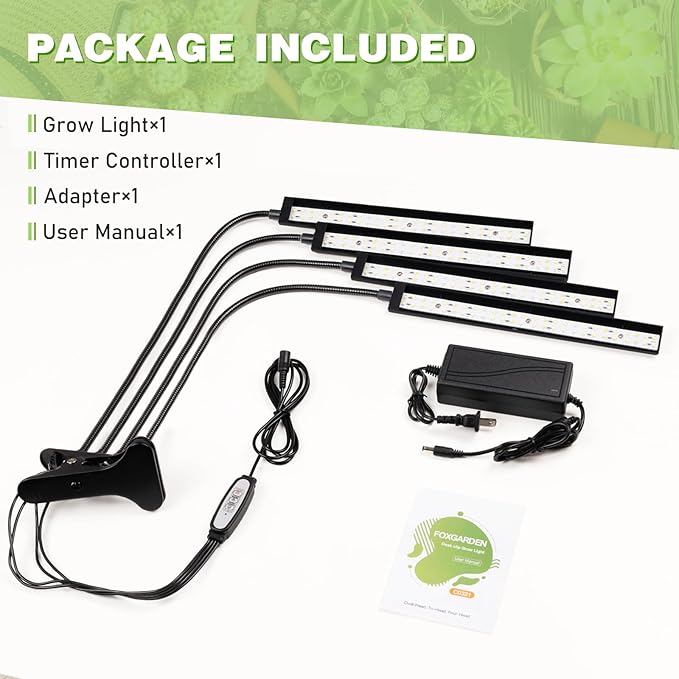FOXGARDEN Grow Lights Full Spectrum, Four-Head Plant Lights for Indoor Growing with Flexible Gooseneck, 208 LEDs Clip Grow Lamp with 4/8/12H Timer, 4 Brightness Levels, Ideal for Indoor Growth