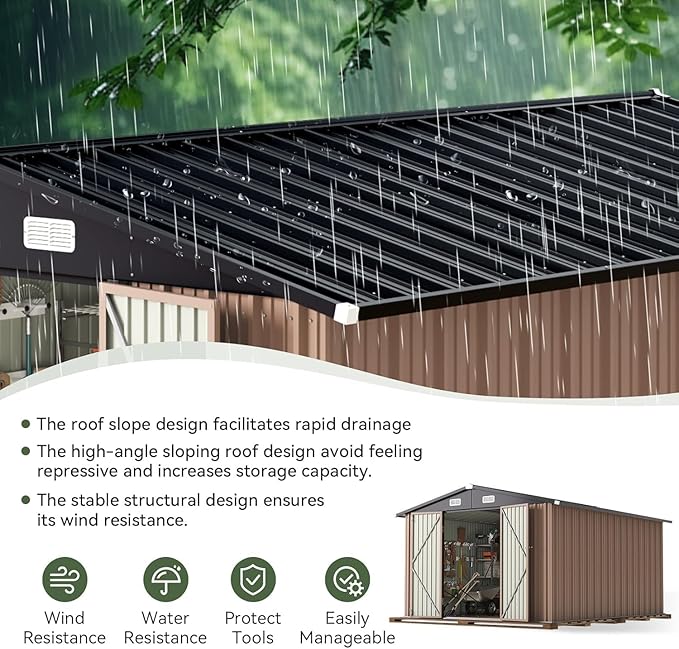 Aoxun 10 x 8FT Outdoor Storage Shed with Double Hinged Large Door Utility Garden Shed with Lockable Door & Sloped Roof Metal Sheds Outdoor Storage for Garden, Backyard, Patio and Backyard, Brown