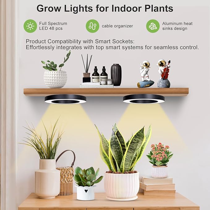 Full Spectrum Grow Light for Indoor Plants, 72 LEDs Halo Plant Light with Auto On/Off Timer (4/8/12H), 10-Level Brightness, 3 Lighting Modes, for Small Plants & Seedlings (Black, One Head)
