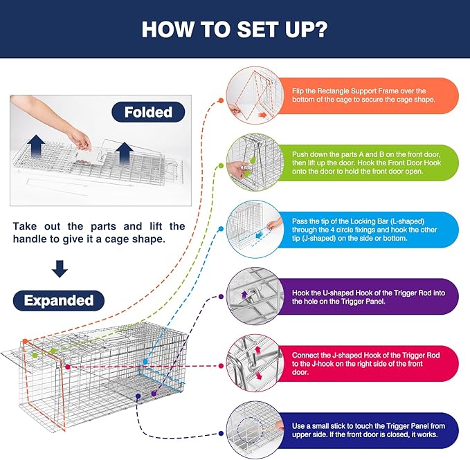 Animal Trap Cage, 31 Inch Live Traps for Raccoons Heavy Duty, Cat for Stray Cats, Squirrels, Raccoon, Rabbits, Possum, Skunk, Outdoor Small Animal Humane Catch & Release, Foldable