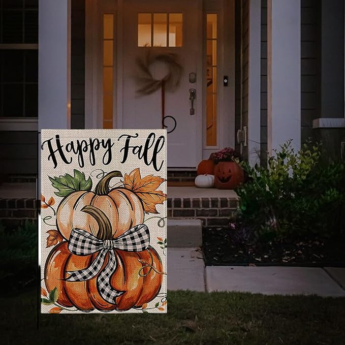 Fall Garden Flag 12 x 18 Inch Double Sided Cute Pumpkin Maple Leaves Designs Autumn Burlap Yard Flag for Outside Rustic Yard Outdoor Holiday Home Decoration