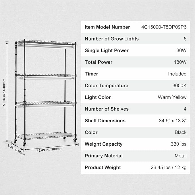 VEVOR Plant Stand with Grow Light, 4 Tiers Plant Shelf with 3000K 180W LED Full Spectrum Light for Indoor Plants, Grow Light Shelf with Timer for Seed Starting 35.4" L x 13.8" W x 59.1" H