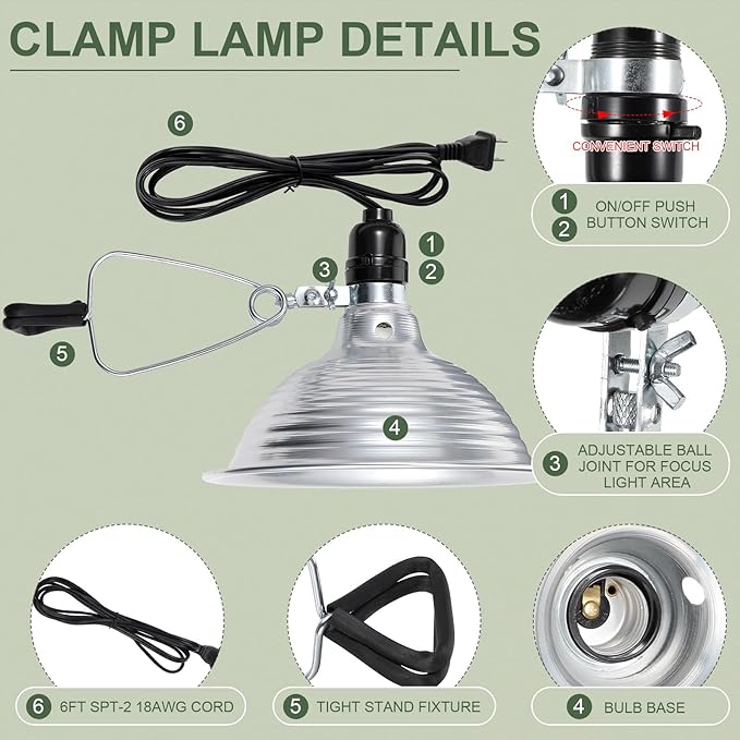 Macarrie 6 Pcs Adjustable Clamp Lamp Light with Aluminum Reflector Up to 150 Watt (No Bulb Included) E26 Socket SPT-2 18awg 6FT Cord (8.5 Inch)