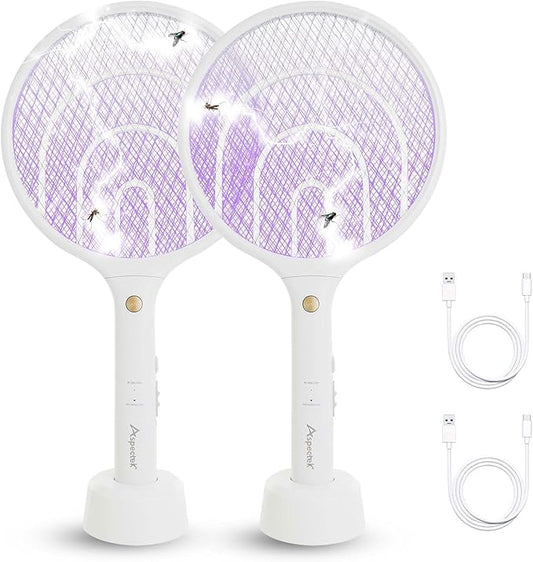 Aspectek 2 Pack Electric Fly Swatter 3000V,2 in 1 Mosquito Zapper, Rechargeable Bug Zapper Racket for Indoor and Outdoor, USB Charging Cable