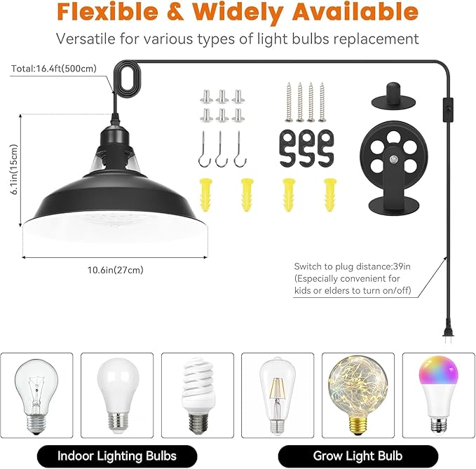 MYSWEETY Hanging Grow Light, Full Spectrum Hanging Plant Lights for Indoor, Vintage Decorative Grow Lights with 16.4FT Power Cord, Plug in Pendant Light with Adjustable Pulley for Plants, Flowers (1)