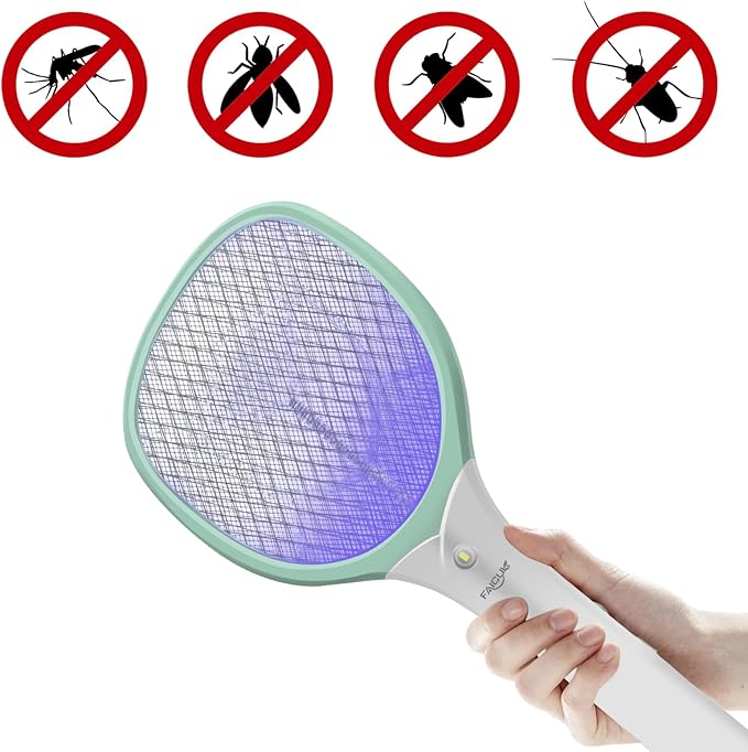 Faicuk Rechargeable Handheld Bug Zapper Racket 2 in 1 Electric Fly Swatter (2 in 1 Green)