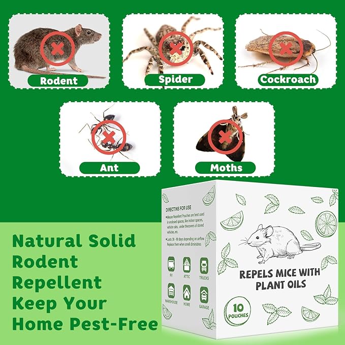Pest Repellent Pouches, 10 Pack Peppermint Oil Repellent for Mouse, Roach, Rodent, Spider, Ant, Mice, Rats, Pest Control Indoor & Outdoor, Natural Mouse Deterrent Replace Traps Family & Pet Safe