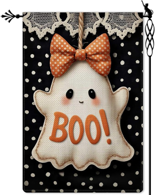 Cute Ghost Garden Flag Halloween Booooo Holiday Garden Flag Vertical Double Sided Rustic Farmland Burlap Yard Lawn Outdoor Decor 12.5x18"