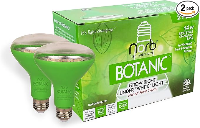 NorbBOTANIC BR30 LED Grow Light – Full-Spectrum Sunlight Bulb for Indoor Plants - 14W Energy-Efficient Grow Lamp for Indoor Houseplants, Herbs, Seedlings & Tropical - E26 Base (2-Pack)