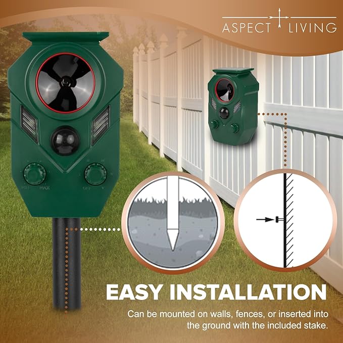 2 Pack Solar Ultrasonic Animal Repeller Outdoor – Motion Sensor Activated Deer Repellent with Flashing Lights & Sound, IP65 Waterproof, Deterrent for Cats, Dogs, Raccoons, Skunks, Birds