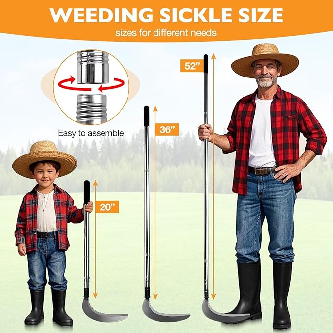 Long Handle Weeding Sickle, Sickle Garden Tool with Serrated Double-Edged Blade, Grass Sickle Stand Up Weeding Tool, Grass Whip for Yard