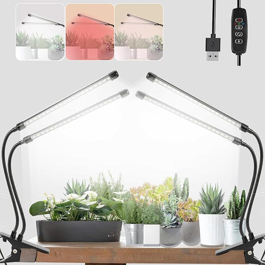 Grow Lights for Indoor 6000K White Red 40 LEDs, Full Spectrum 9-Level Dimmable Indoor Plant Growing Light for Seed Starting, Auto on/Off Clip LED Plant Grow Lamp, 3/9/12H Timer, 2Packs