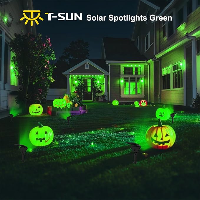 T-SUN Solar Spot Lights Outdoor, LED Green Landscape Lighting, Halloween Lights Outdoor Solar, IP65 Waterproof Spot Light, Auto On/Off for Garden/Yard/Pathway/Patio (6-Pack)
