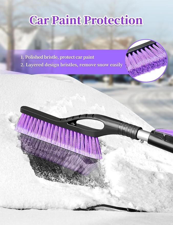 HEEYA Ice Scraper and Brush for Car, Extendable Snow Brush and Ice Scraper for Car Windshield Window, Car Snow Scraper and Brush with Foam Grip for SUV Truck Automobile Vehicle - Purple