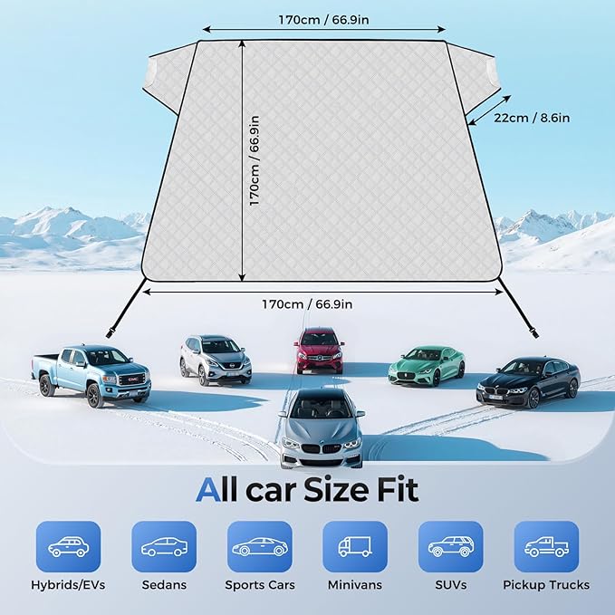 FLORICH Car Windshield Cover for Ice and Snow Heavy Duty Fabric with Side Mirror Cover,Standard Winter Frost Hail Protector for Most Car, Truck, SUV, Van and MPV (66x 47Inch)