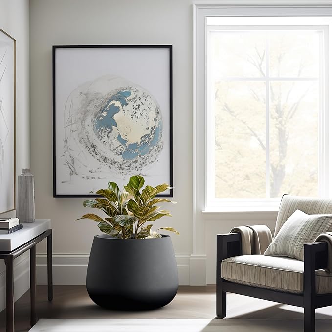 Kante Curva Series Planter, 21.3 Inch Round Concrete Plant Pot with Draiange Hole and Rubber Plug, Suitable for Indoor Plants, Home, Garden, Patio, Black