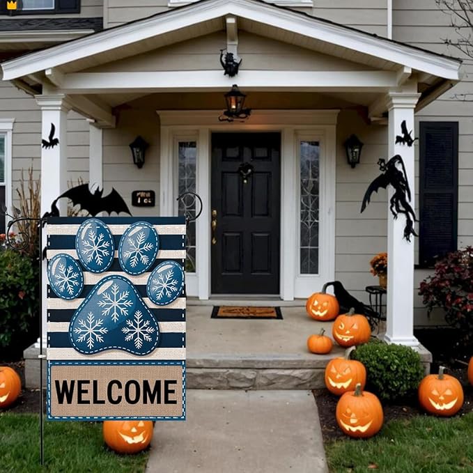 Fokongna Winter Welcome Garden Flag, Dog Paw Print Winter Christmas Decor Garden Flag, 12x18 Inch Burlap Vertical Double Sided Flags, for Home Yard Outside Decorations