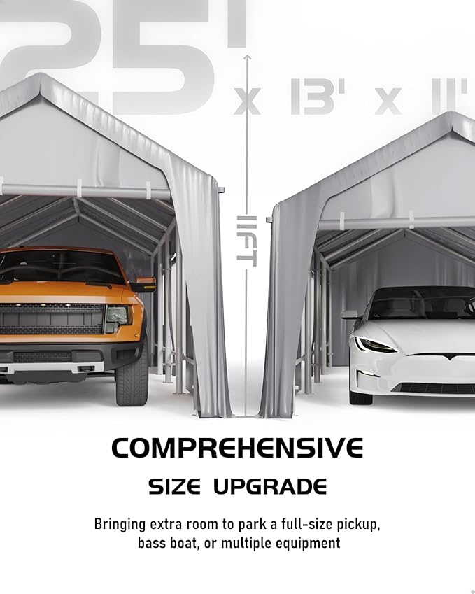 DEXSO 25'x13'x11' Windproof Carport Heavy Duty, 20 GA. Reinforced Poles & 14 mil PE Canopy, Extra Large Anti-High Wind Portable Garage for Full-Sized Pickup Truck and Bass Boat, Grey