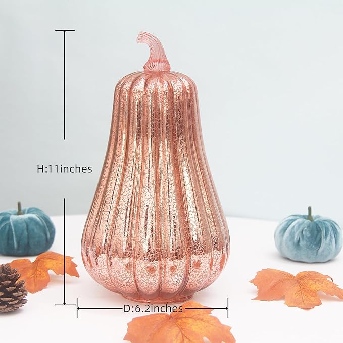 Mercury Glass Pumpkin Lights with Timer, Battery Operated Led Pumpkin Lights for Halloween Fall,Thanksgiving Rustic Decor (Rosegold Common, 11")