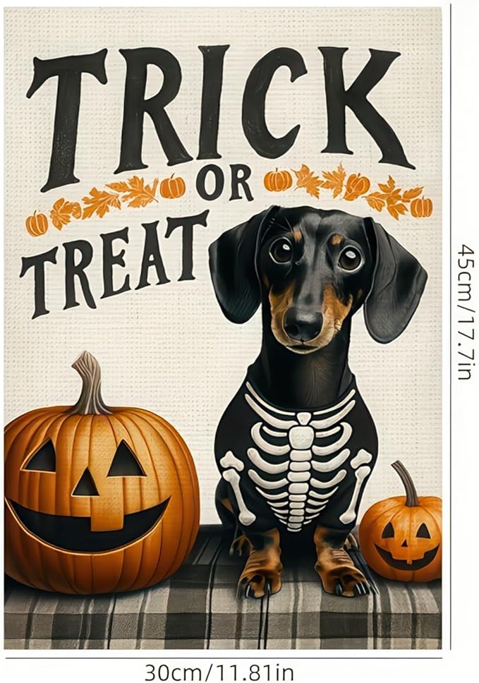 Halloween Garden Flag - Ghost Dog Trick or Treat 12x18 Double Sided Dachshund Flag for Home Yard Outdoor Skeleton Decorations