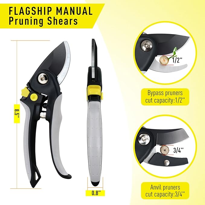 Jardineer 3PCS Pruning Shears Set for Gardening, Bypass Pruning Scissors & Anvil Pruners with SK5 Blades, Garden Clippers for Women Arthritic Hands