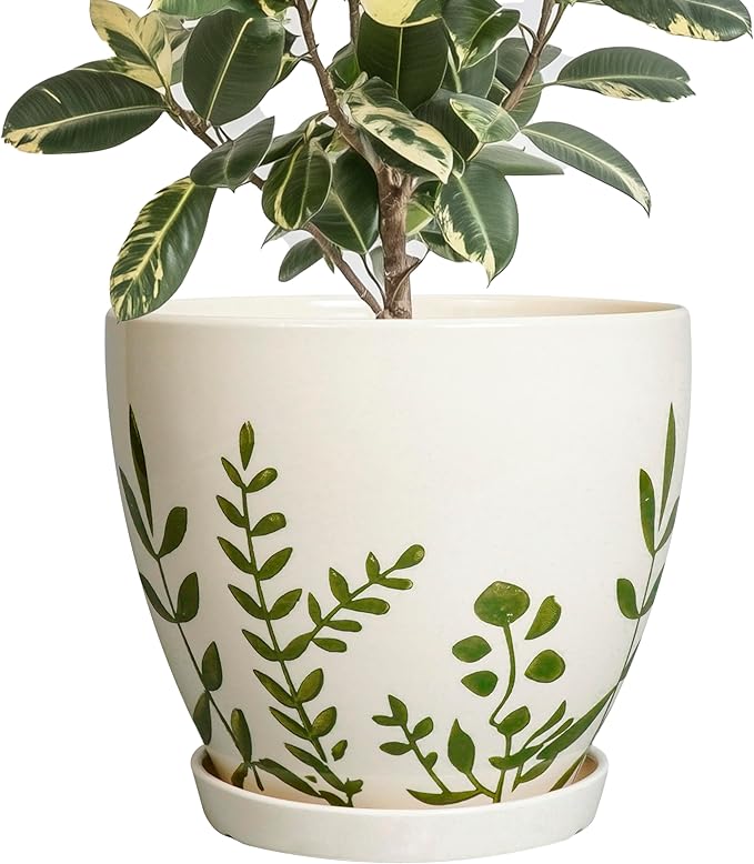 10 Inch Plant Pot - Ceramic Planter for Indoor Outdoor Flowers, Decorative Round Indoor Flower Pot with Drainage Hole and Saucer, Plant Lover Gifts, Garden Patio Home Office Decor, White