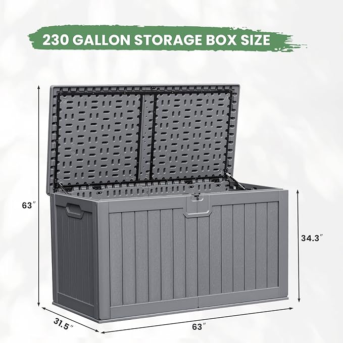 Greesum 230 Gallon HDPE Outdoor Storage Box with Removable Dividers, Weatherproof Oversized Deck Box for Patio, Garage, Garden, Gray