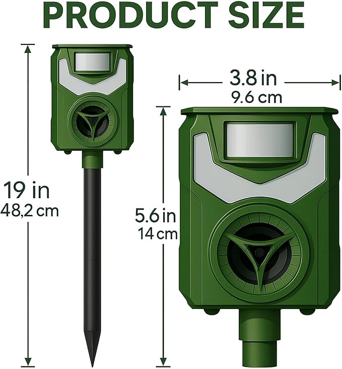 StepsGuard Solar Ultrasonic Animal Repeller – 110° PIR Motion Sensor, 5 Modes, IP44, LED Flash & 90 dB Alarm, Solar + USB-C Recharge | Repels Cats, Dogs, Deer, Squirrels, Raccoons & Birds | 1-Pack