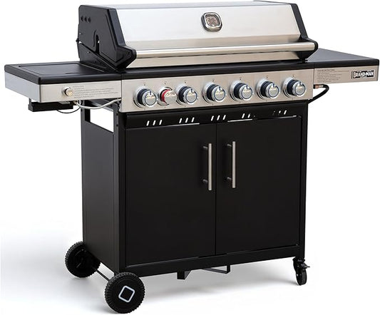 Brand-Man 6 Burner Propane Grill with Infrared Sear Side Burner & Porcelain-Enameled Cast Iron Grate and Plate, Cabinet Style Gas BBQ Grill with Side Table for Barbecue Grilling & Backyard Cooking