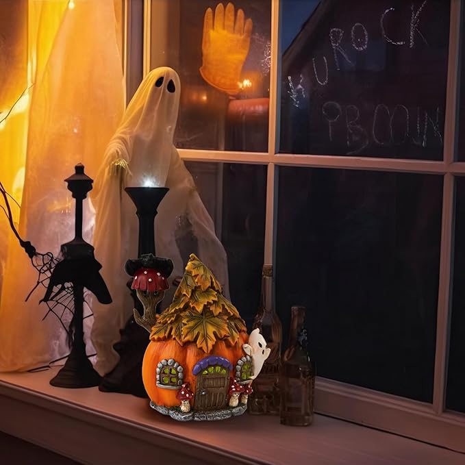 Colorful Light Up Halloween Village, 6.5"H Spooky Miniature Haunted House Decor, Resin Ghost Pumpkin Figurine Outdoor Fall Fairy Garden Statue, Indoor Tabletop Desk Mantel Decoration for Home