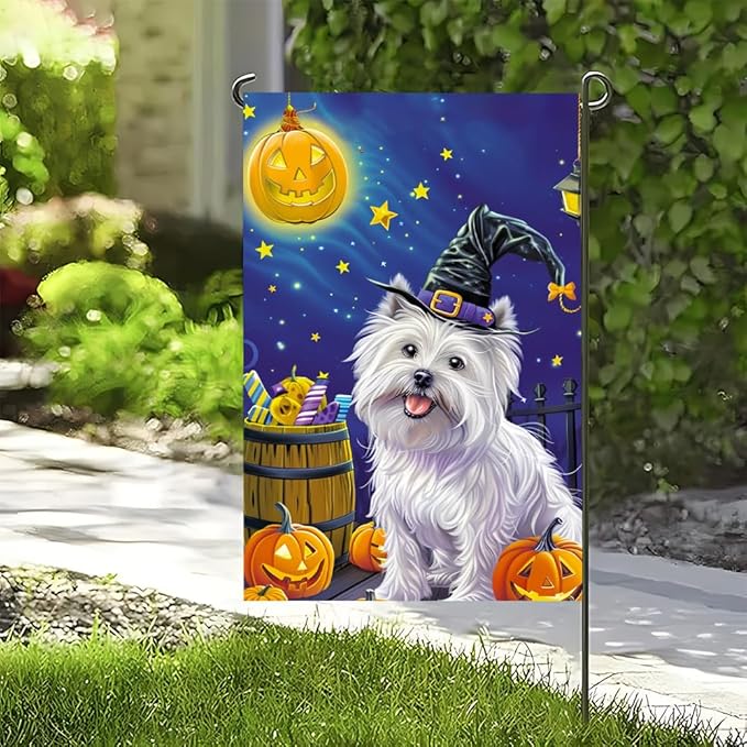 Halloween White Dog Garden Flag 12x18 Inch Double Sided Outdoor Flag