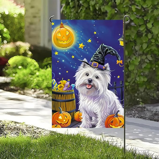 Halloween White Dog Garden Flag 12x18 Inch Double Sided Outdoor Flag