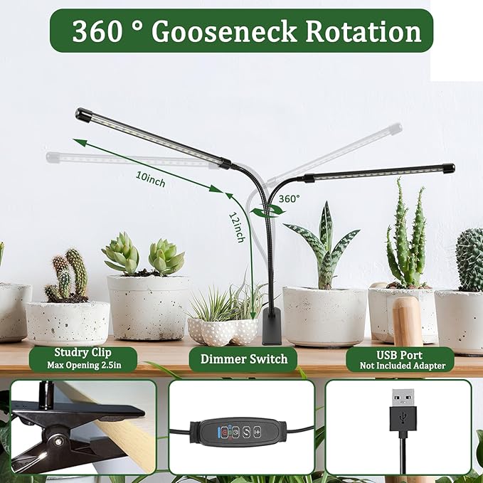 Grow Lights for Indoor 6000K White Red 40 LEDs, Full Spectrum 9-Level Dimmable Indoor Plant Growing Light for Seed Starting, Auto on/Off Clip LED Plant Grow Lamp, 3/9/12H Timer, 2Packs