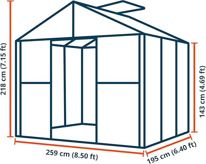 Greenhouse Saphir 3 Aluminum Frame 8.5 x 6.4 ft Approx. 6 mm Polycarbonate Panels - with Bonus Base Frame and Automatic Vent Opener