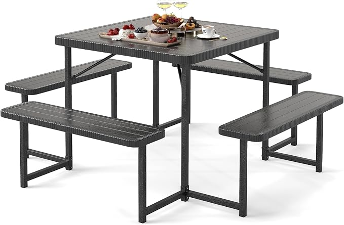 Giantex Picnic Table Bench Set for 4-8 People, 34" Outdoor Square Dining Table & 2 Benches w/Umbrella Hole, HDPE Tabletop, Metal Frame, Patio Camping Furniture for Backyard Porch Lawn (Black,Square)