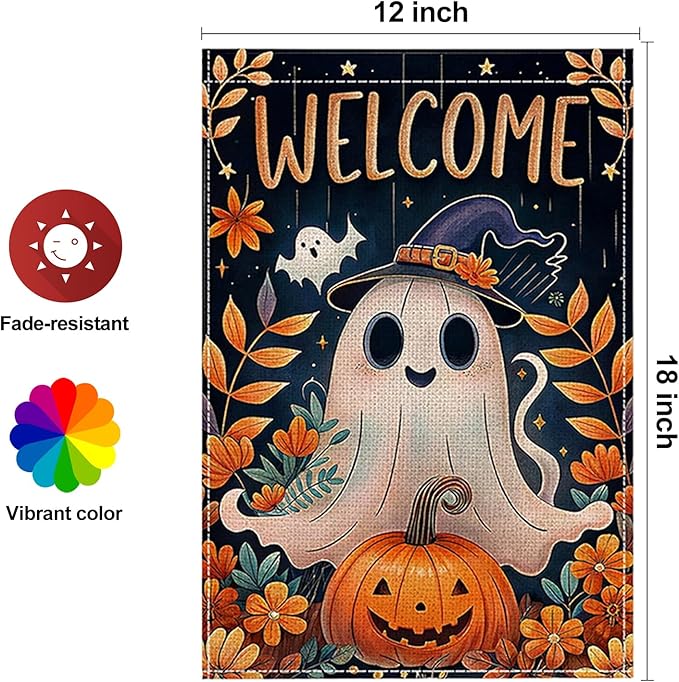 Halloween Garden Flag 12 x 18 Inch Double Sided Ghost Pumpkin Designs Fall Autumn Burlap Yard Flag for Outside Rustic Yard Outdoor Holiday Home Decoration