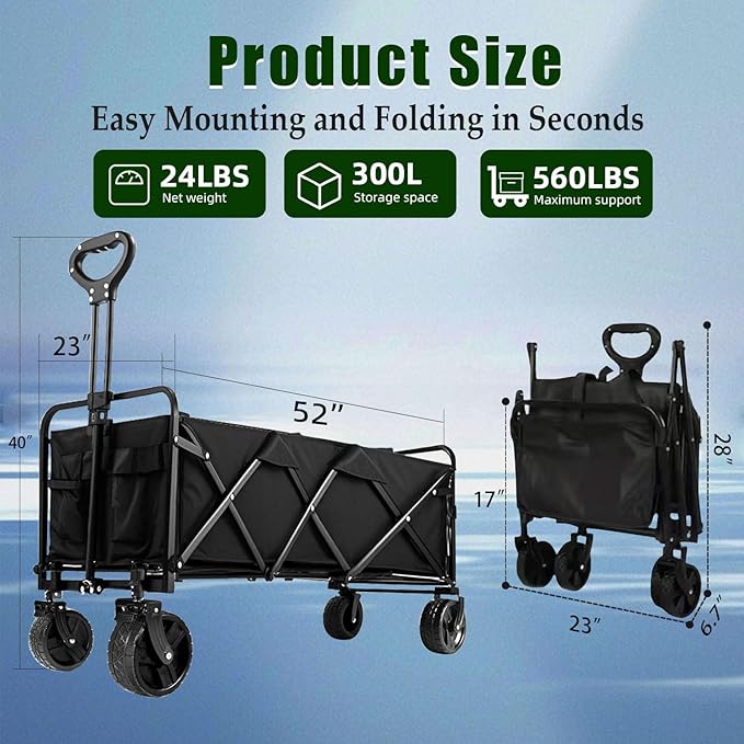 52" L Collapsible Wagon Cart Foldable, 300L 560lbs Weight Capacity, Heavy Duty Beach Wagon with Big Wheels, Shopping Carts for Grocery, Camping, Shopping, Beach, Garden Cart