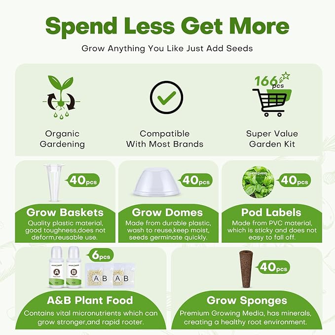 Ahopegarden 166PCS Hydroponic Pods Kit: Indoor Garden Supplies for Aerogarden, iDOO, Most Brand Hydroponics Growing System, with Grow Sponges, Labels, A&B Plant Food, Grow Baskets, Covers & Tweezer