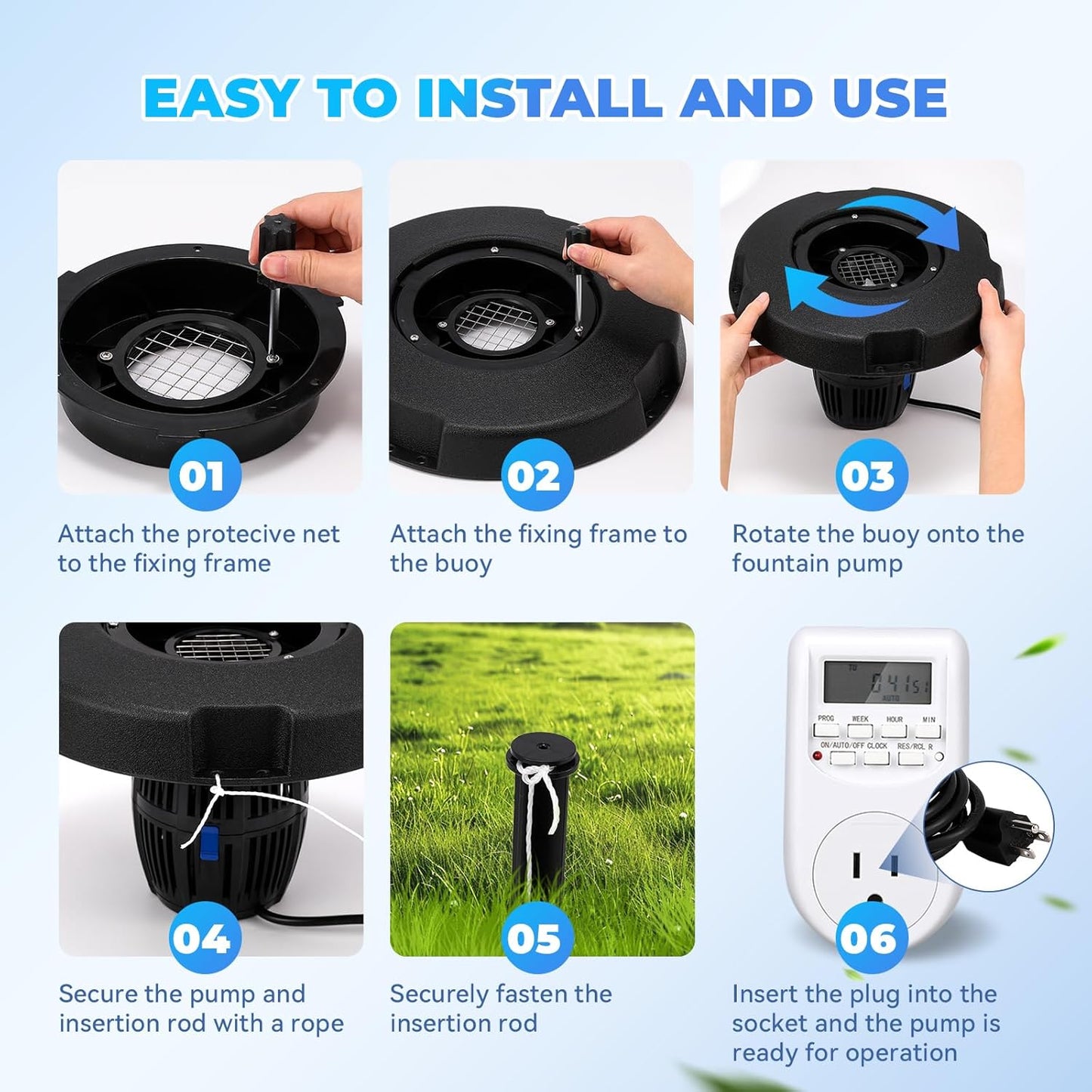 Poafamx Pond Fountain Aerator, 5000GPH Floating Fountain Pump for Large Pond, 33FT Power Cord Pond Aerator with Mooring Kit and Outlet Timer 110V for Pond Pool Lake Aquascape Oxygenation