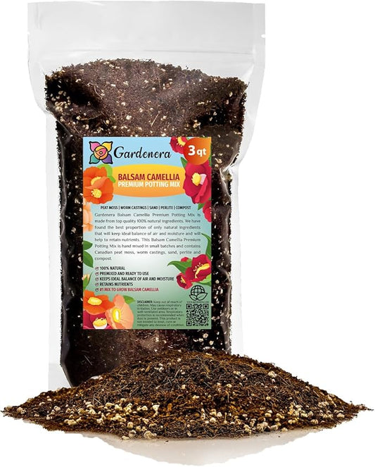 Premium Balsam Camellia Potting Soil Mix - Perfect Balance of Nutrients, Drainage, and Aeration for Thriving Blooms - 3 Quart