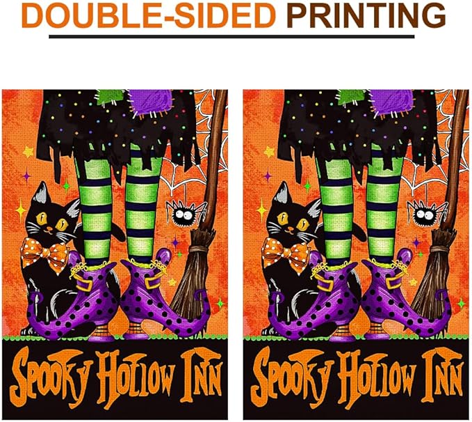Halloween Black Cat Garden Flags for Outside 12x18 Inch Double Sided Burlap, Spooky Hollow Inn Welcome Sign Small Flag Farmhouse Holiday Yard Lawn Outdoor Decorations DF874