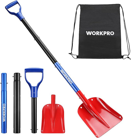 WORKPRO 47" Adjustable Snow Shovel, Lightweight Aluminum Detachable Shovel with Storage Bag for Car, Driveway, Garden, and Camping, Durable Emergency Snow Shovel for Winter Snow Removal