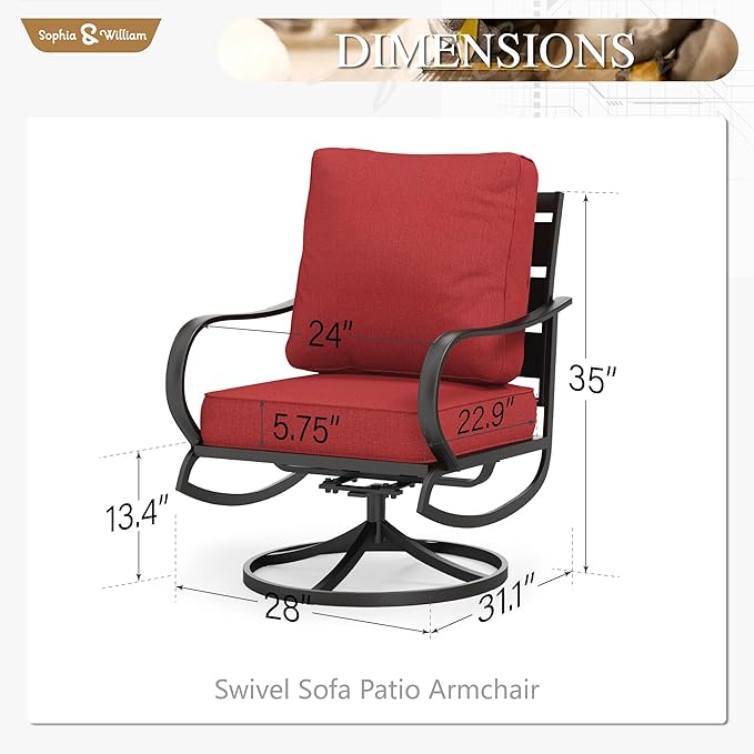 Sophia & William 2 Pieces Patio Furniture Sets Metal Sofa Chairs Patio Cushion Armchairs Swivel Sofa Chairs with Removable Cover for Garden Backyard Poolside Red