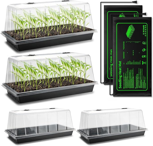 4-Pack 1020 Seed Starter Trays with 7.3'' Humidity Domes & 2-Pack Heat Mats – Heavy-Duty Seedling Trays with Adjustable Domes & Waterproof Heating Mats for Optimal Germination & Cloning Propagation