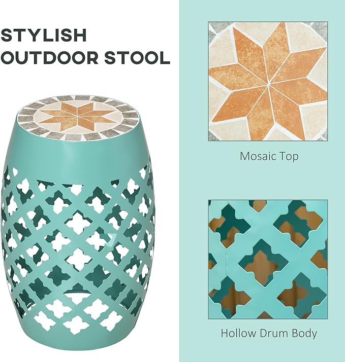 Outsunny 12" Patio Round Side Table, Outdoor Footstool, Garden Mosaic Accent Side Table, Plant Stand, Blue