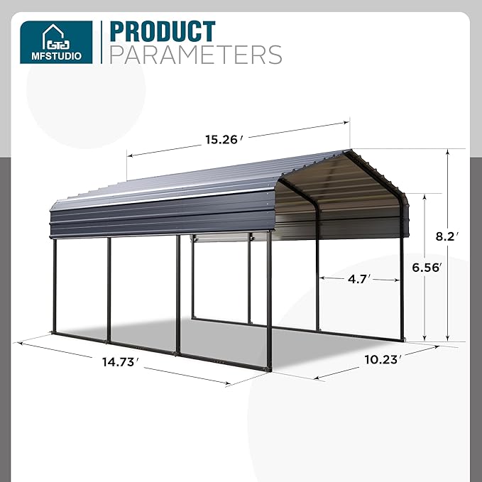 MFSTUDIO Carport 10x15 ft, Outdoor Heavy Duty Metal Shed Carports, Metal Garage Car Shelter Shade Car Port with Galvanized Roof, Frame and Bolts for Cars, Truck and Boats