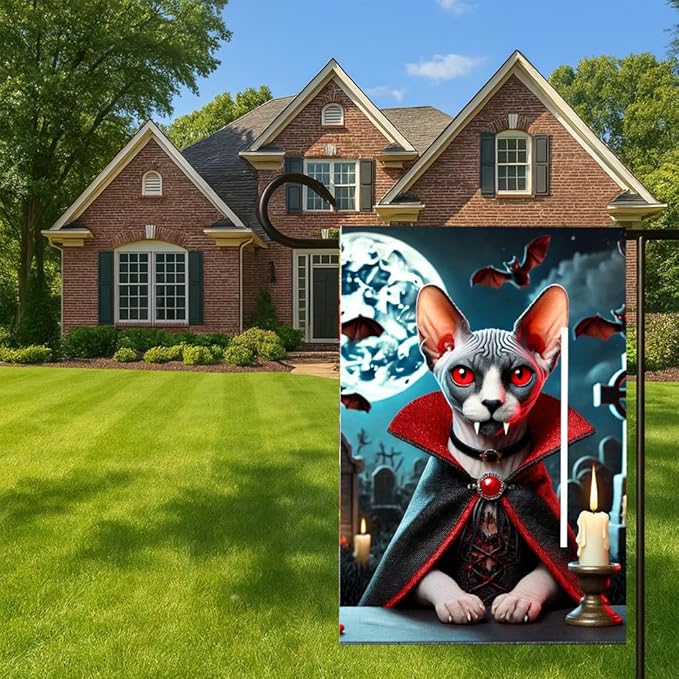 Halloween Garden Flag 11.81 x 17.72 Inch Vampire Sphynx Cat with Red Eyes Fangs Bats Full Moon and Graveyard Outdoor Yard Decoration for Holiday Party